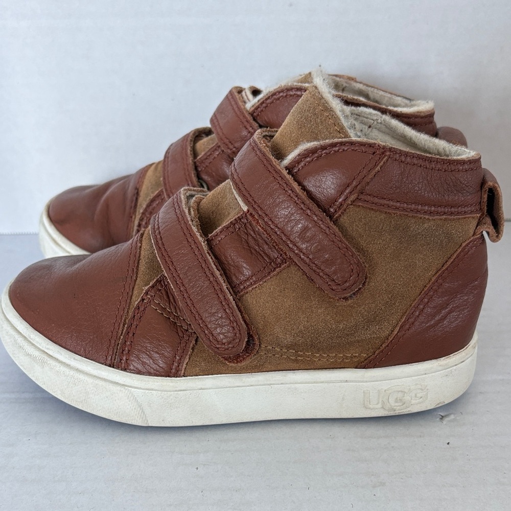UGG Kids Brown Leather & Suede Velcro High-Top Sneakers